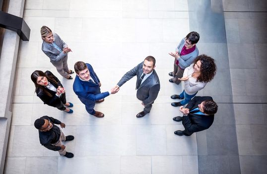 young multi ethnic business people group walking standing and top view