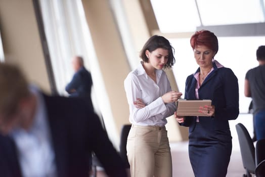 Smilling young business woman in front her team blured in background. Group of young business people. Modern bright  startup office interior.