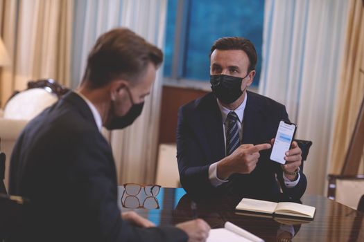 corporate business people team on meeting in luxury office  wearing crona virus protection face mask keep social distance