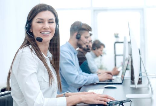 background image of the call center employee in the workplace