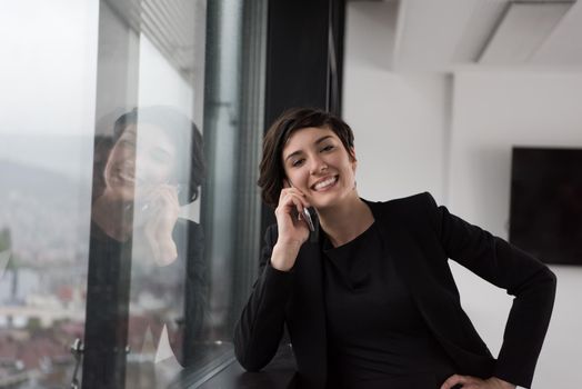 female manager using cell telephone in office interior