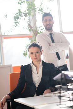 startup business couple portrait at modern bright office interior