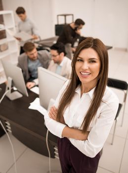 top view.young businesswoman standing in the office.business people