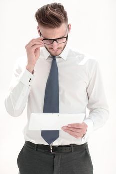 close up. businessman looking at the digital tablet screen. people and technology