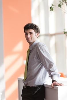 portrait of successful young business man at modern office  interior with big windows in background