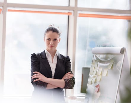 portrait of young business woman at modern office with flip board  and big window in background