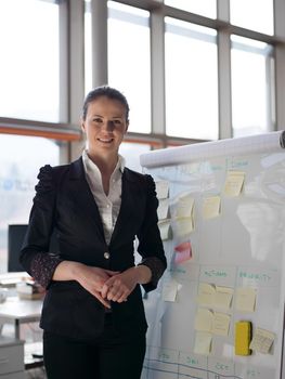 portrait of young business woman at modern office with flip board  and big window in background