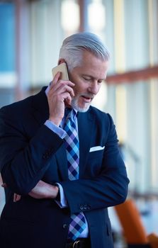 senior business man talk on mobile phone  at modern bright office interior