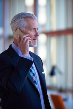 senior business man talk on mobile phone  at modern bright office interior