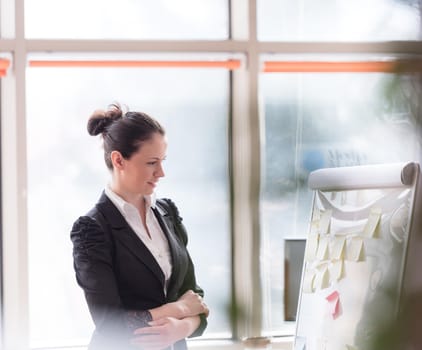 portrait of young business woman at modern office with flip board  and big window in background