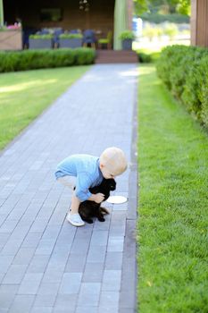 Little boy playing with black cat outdoors. Concept of childhood and pets.