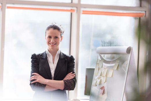 portrait of young business woman at modern office with flip board  and big window in background