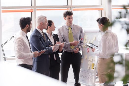 young startup businessman making presentation of project to senior investior, group of business people taking notes and make plans on white  flip board and tablet computer