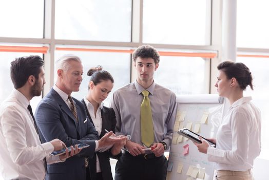 young startup businessman making presentation of project to senior investior, group of business people taking notes and make plans on white  flip board and tablet computer