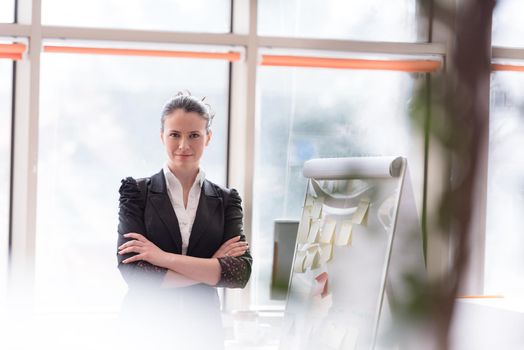 portrait of young business woman at modern office with flip board  and big window in background