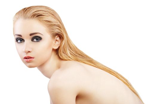 Beautiful young blond woman with beauty make-up over white background