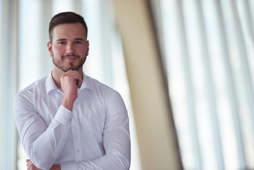 portrait of happy young handsome hipster business man with beard at modern office space interior