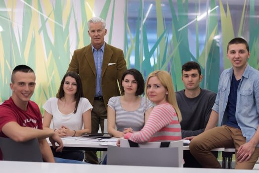 portrait of confident teacher,  students group in background