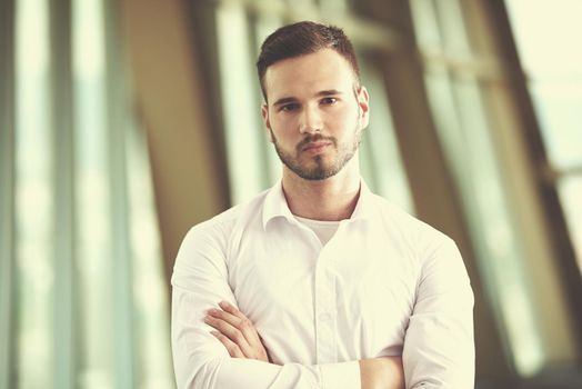 portrait of happy young handsome hipster business man with beard at modern office space interior