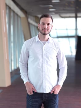 portrait of young handsome hipster business man with beard at modern office space interior