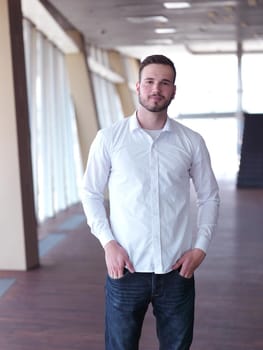 portrait of young handsome hipster business man with beard at modern office space interior