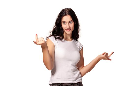 Portrait of a young woman shows like this, thumbs up on the white background