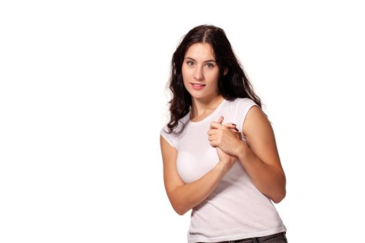 Beautiful young girl is pointing at herself to say am I on the white background