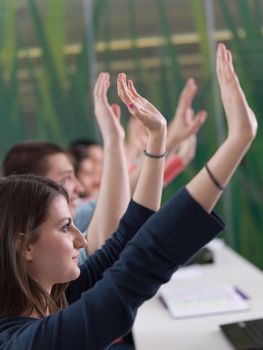 senior teacher teaching lessons, smart students group raise hands up in school  classroom on class