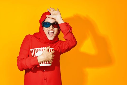 cheerful woman 3d glasses technology watching movie popcorn ethnicity model. High quality photo