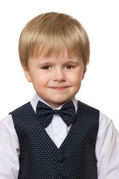 Cute little boy in white shirt, vest and bow tie ,close-up- Isolated on white background