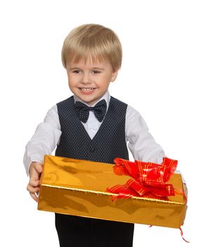 Cute little blonde boy in suit with bow tie holds in his hands the box. close-up - Isolated on white background