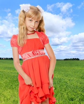 Beautiful little girl with long, blonde ponytails on her head in a bright orange dress .On the background of bright green grass and blue sky with beautiful clouds.