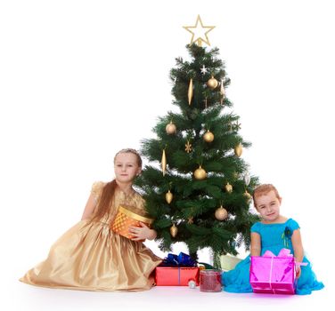 Two sweet little girls with gifts around the Christmas tree - Isolated on white background
