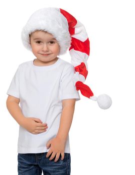 The little boy in the hat of Santa Claus. Close-up - Isolated on white background