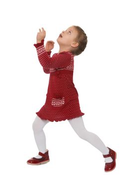 Curious little girl saw something upstairs - Isolated on white background