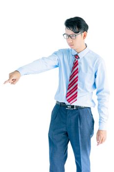 Male wearing blue shirt and red tie reaching posing in studio isolated on white background with clipping path