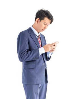 Young asian business men portrait holding phone in suit over white background