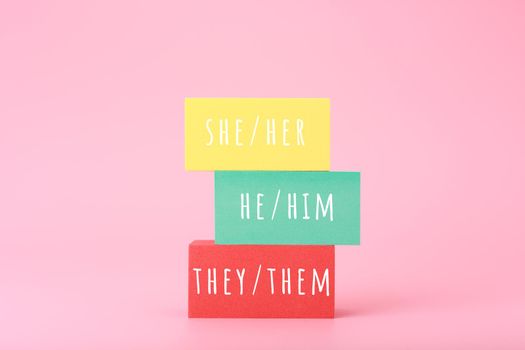 Correct pronouns for different genders hand written on multicolored rectangles against bright pink background. Concept of Lgbtq plus, transgender and bigender tolerance, respect and equal rights