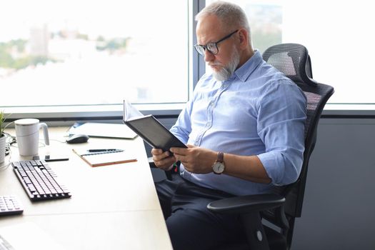 Confident pensive mature business man in modern office