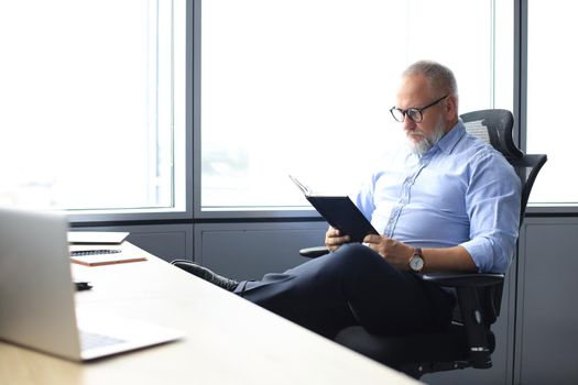 Confident pensive mature business man in modern office