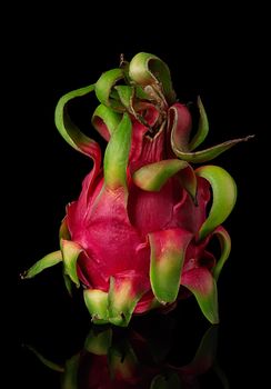 Dragon fruit vertically on black background with reflection