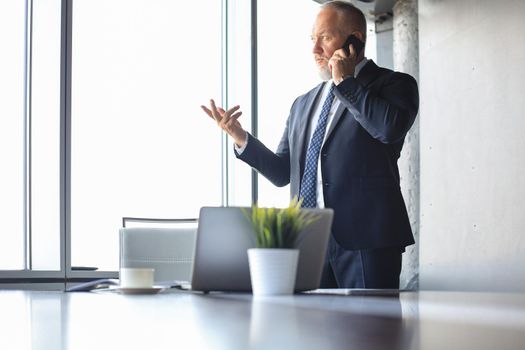 Mature businessman talking on a mobile phone standing near the window