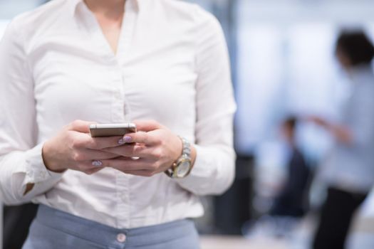 female manager using cell telephone in startup office interior