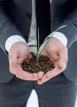 Hands men holding a handful of soil from the middle germ. Ecology