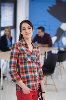 portrait of young business woman at modern startup office interior, team in meeting in background