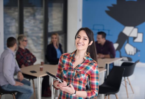 portrait of young business woman at modern startup office interior, team in meeting in background