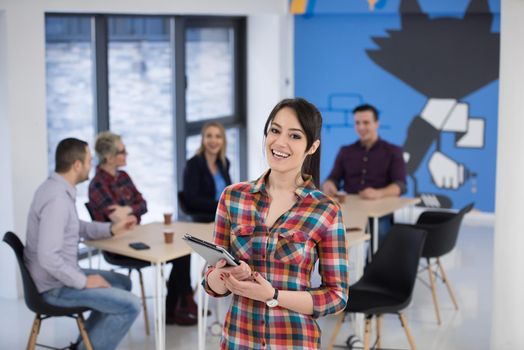 portrait of young business woman at modern startup office interior, team in meeting in background