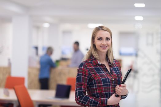 portrait of young business woman at modern startup office interior, team in meeting in background