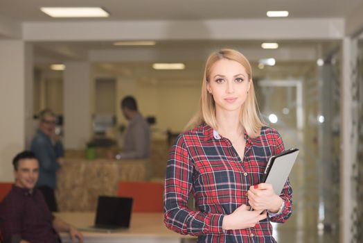 portrait of young business woman at modern startup office interior, team in meeting in background