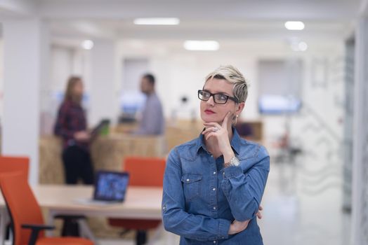 portrait of young business woman at modern startup office interior, team in meeting in background